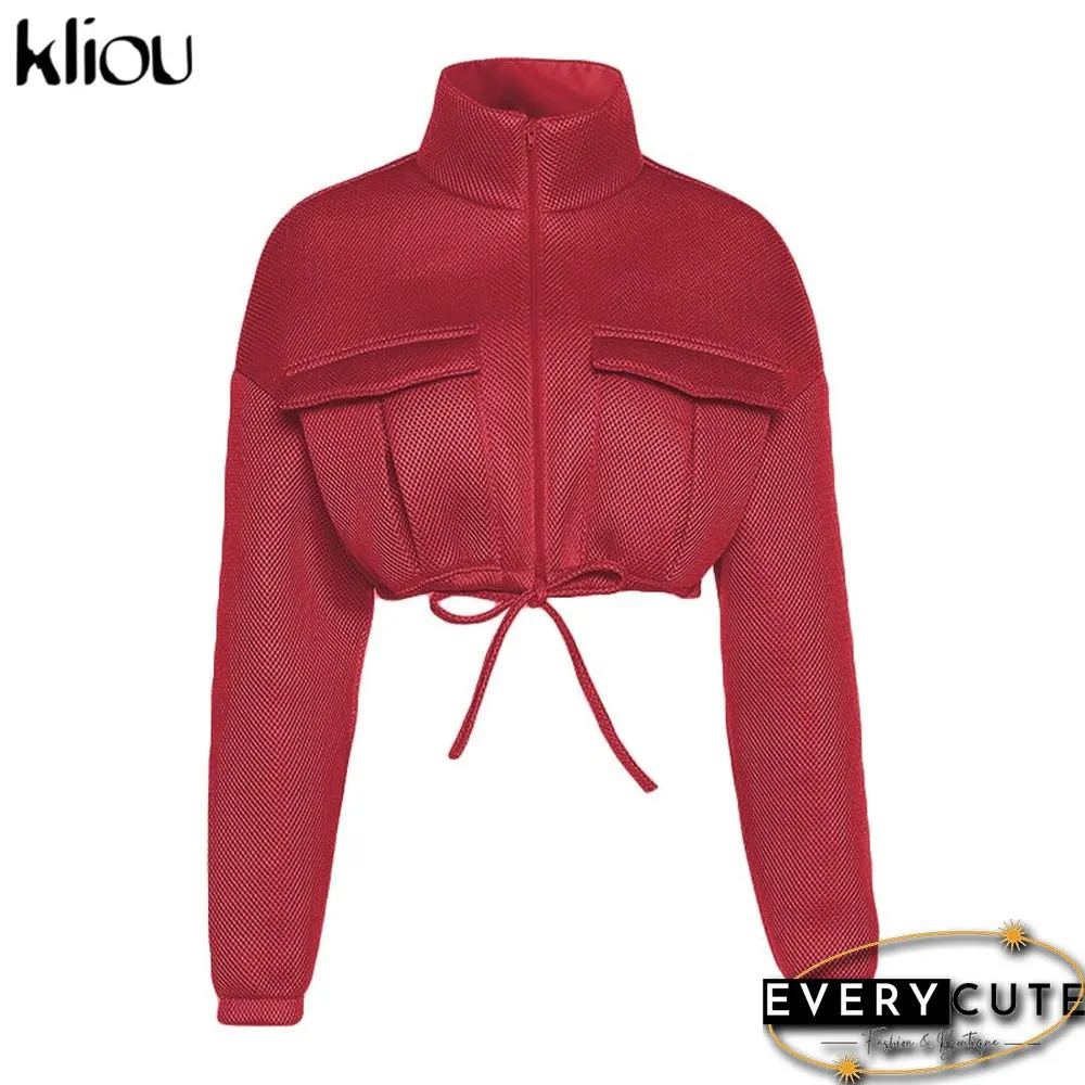 Kliou Mesh Plaid Autumn Spring Coat Women Trend Turtleneck Zipper Pocket Crop Jacket Solid Slim Drawstring Female Outerwear Hot