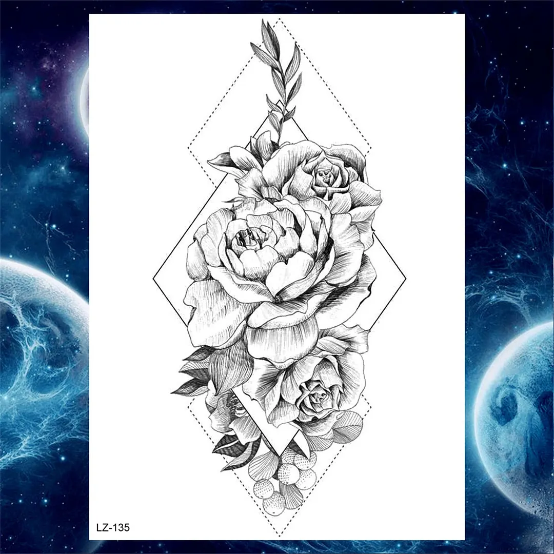 Flower Compass Temporary Tattoo For Women Girls Adult Rose Peony Tattoos Sticker Fake Black Floral Body Art Thigh Tatoos Paper