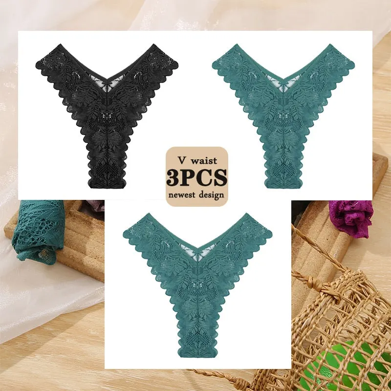 3PCS/Set Floral Lace Panties Perspective Sexy Underwear Women Panties Brazilian Briefs Lingerie V Waist Design Female Underpants