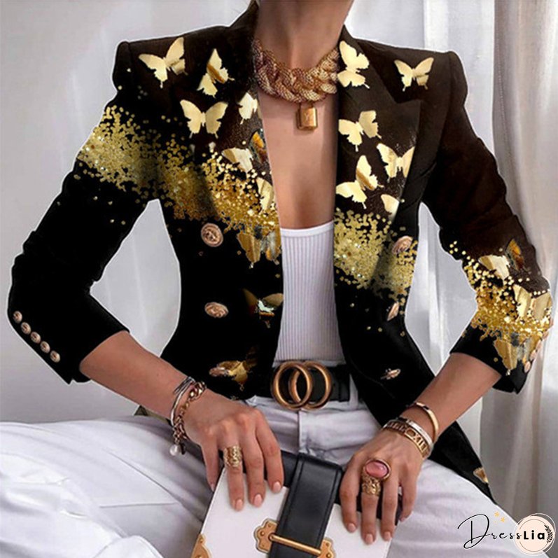 Fashion Print Casual Jacket Long Sleeve Elegant Lapel Blazers