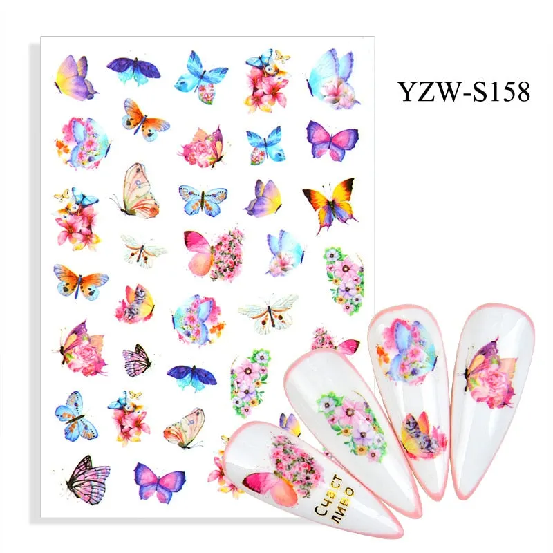 1pc Holographic Blue Nail Stickers Pink Colorful Butterfly Art Sticker With Adhesive DIY Extension Flowers Rose Nail Decoration-Nail Inspo