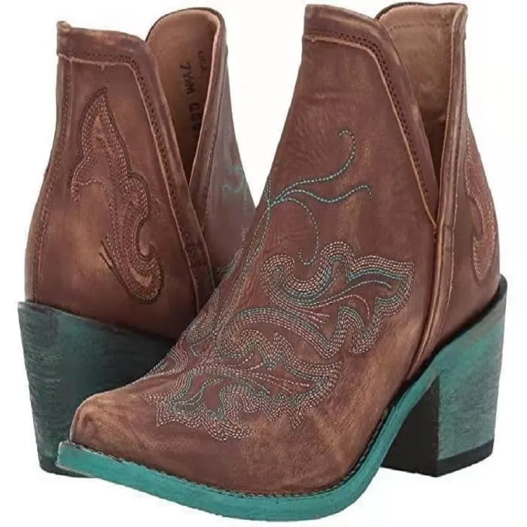 Miaoguan Autumn Winter Casual Western Cowboy Ankle Boots Women Leather Cowgirl Boot Short Cossacks Botas High Heels Shoes Mujer