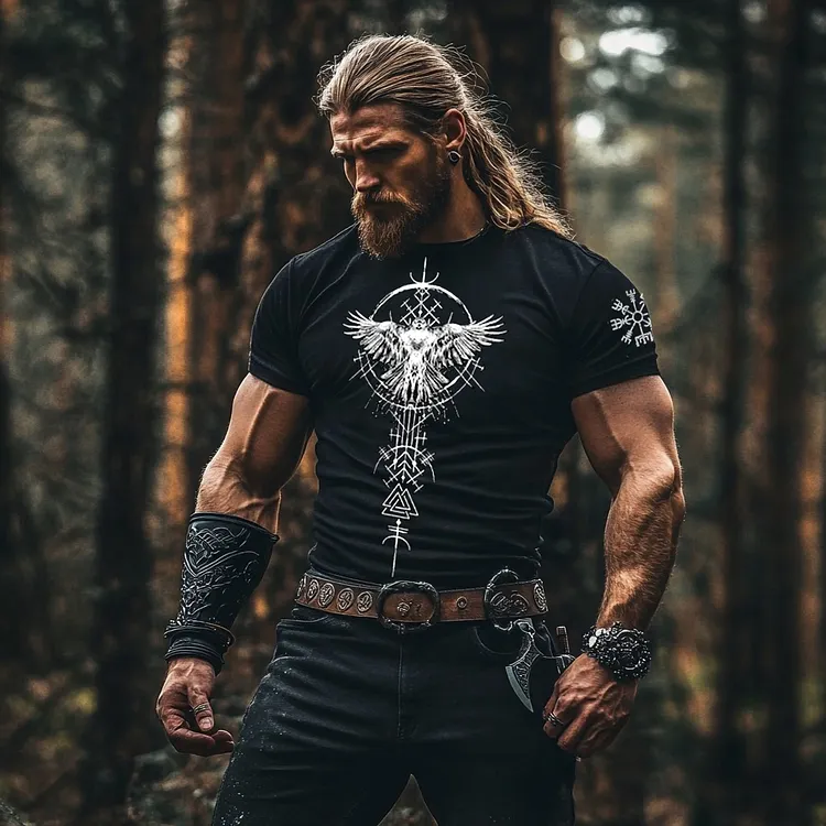 Vintage Viking Raven Rune Print Short Sleeve T-shirt