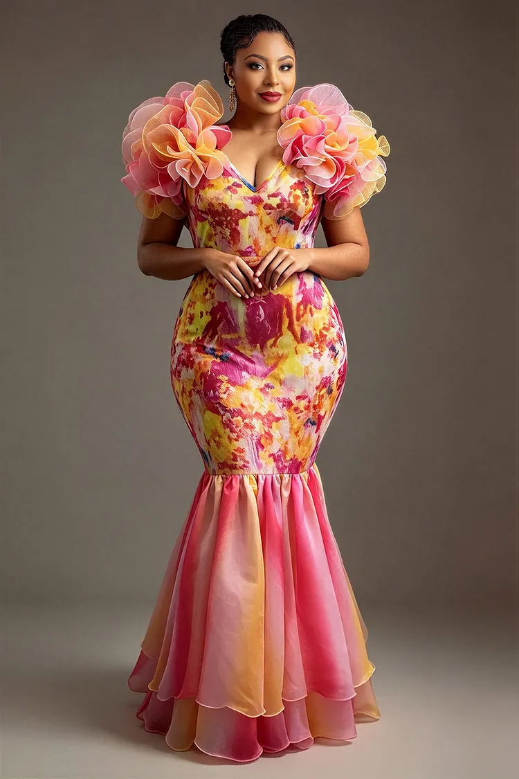 Xpluswear Design Plus Size Formal Multicolor Gradient V Neck Flutter Sleeve Mermaid Ruffle Tulle Maxi Dresses 2024 - Xpluswear