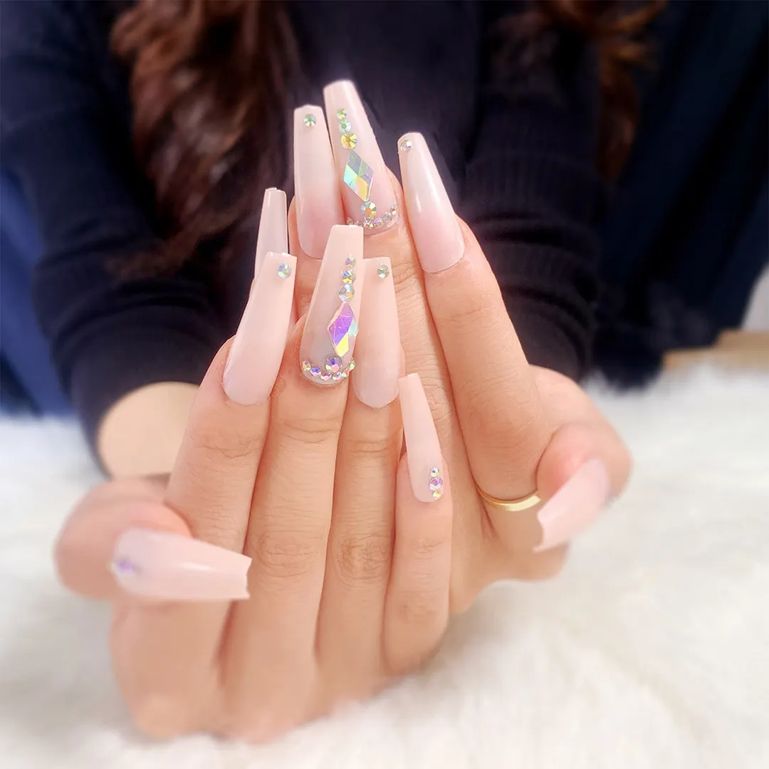 Luxury Fake Nails Designer Extra Long French Jewelry designed Nails Natural Stones Rhinestone Coffin False Nail Decoration Tips-Nail Inspo