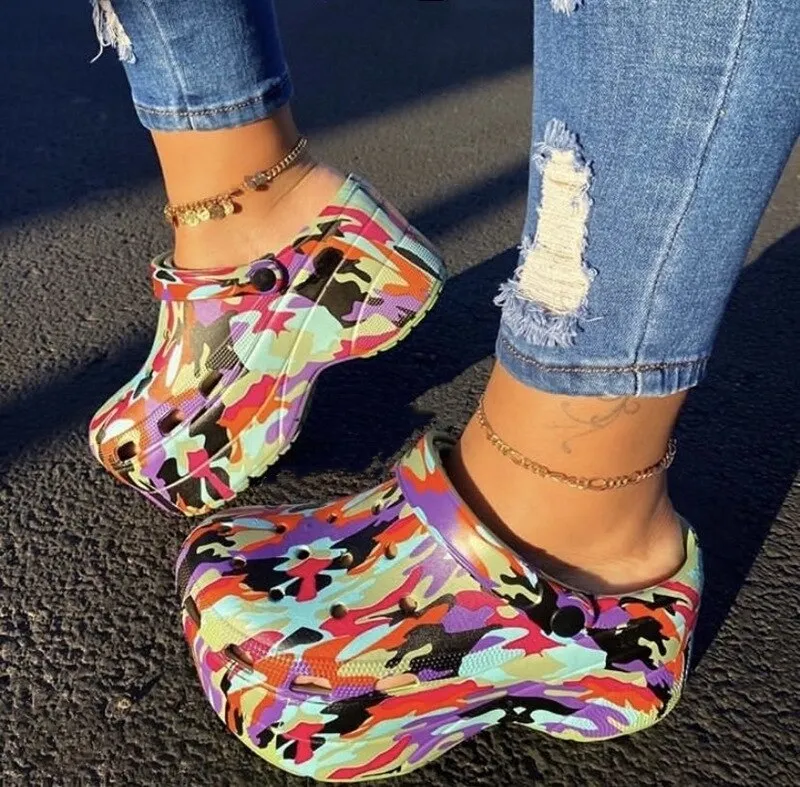summer New Woman leopard Shoes Hole Slippers High Heel Sandals Fashion Outdoor Beach Shoes Zapatos Mujer womens platform heels