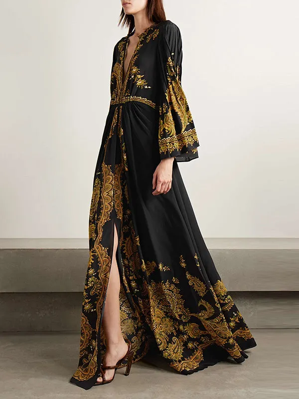 Flared Sleeves Loose Contrast Color Printed Split-Front Maxi Dresses