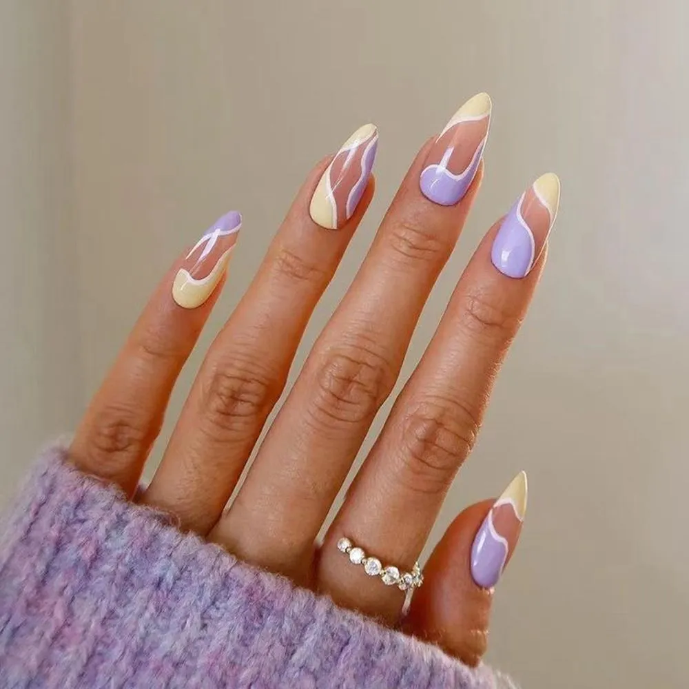 Detachable Almond Round Wavy False Nails Detachable Stiletto Fake Nails Full Cover French Ballerina Nail Tips Press On Nails-Nail Inspo