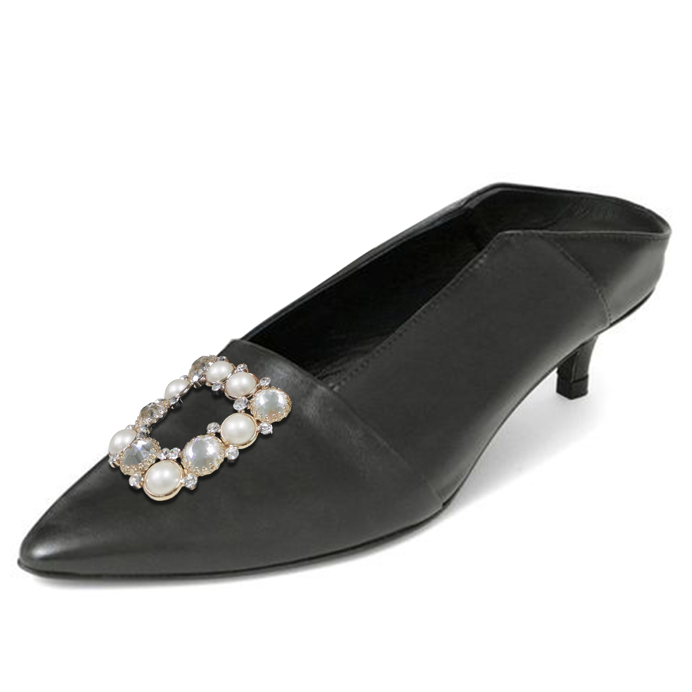 Black Pearl Decor Pointed Toe Kitten Heel Mules Nicepairs