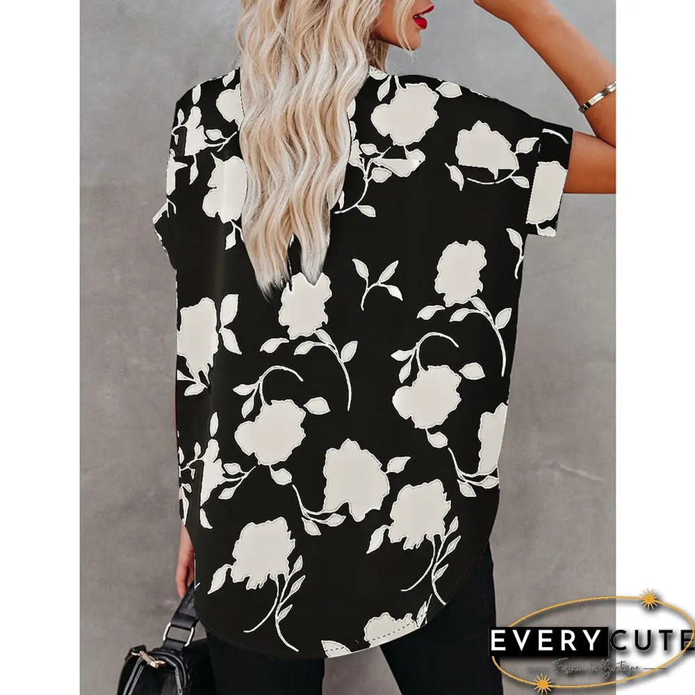 Floral Print V Neck Short Sleeve Shirt in Black