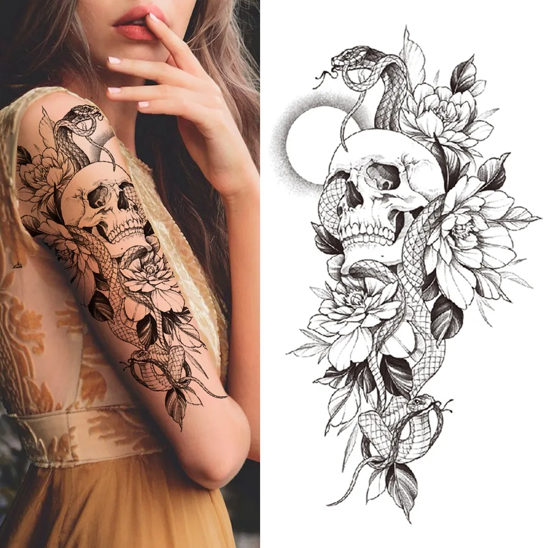 Realistic Fake Peony Temporary Tattoos For Women Girl Black Rose Elephant Flower Tattoo Sticker Tiger Anemone Tatoos Half Sleeve 515-1