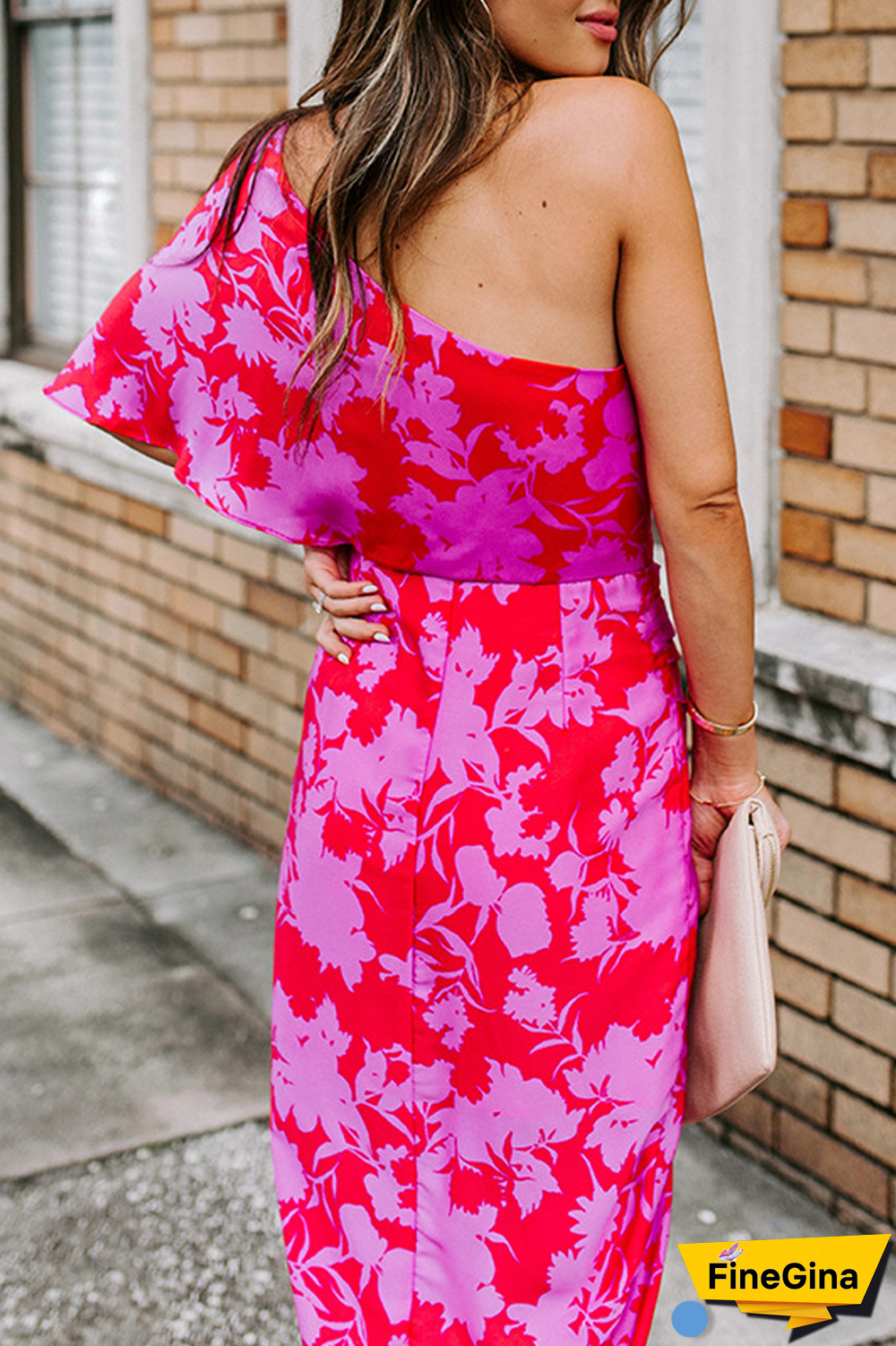 KarliDress Floral Print One Shoulder Irregular Hem Midi Dress P12534