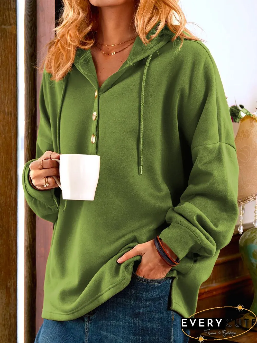Khaki Long Sleeve Buttoned Sweatshirts
