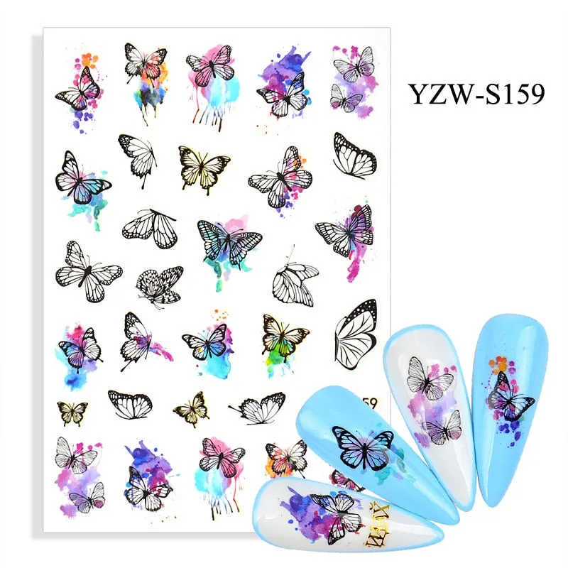 1pc Holographic Blue Nail Stickers Pink Colorful Butterfly Art Sticker With Adhesive DIY Extension Flowers Rose Nail Decoration-Nail Inspo