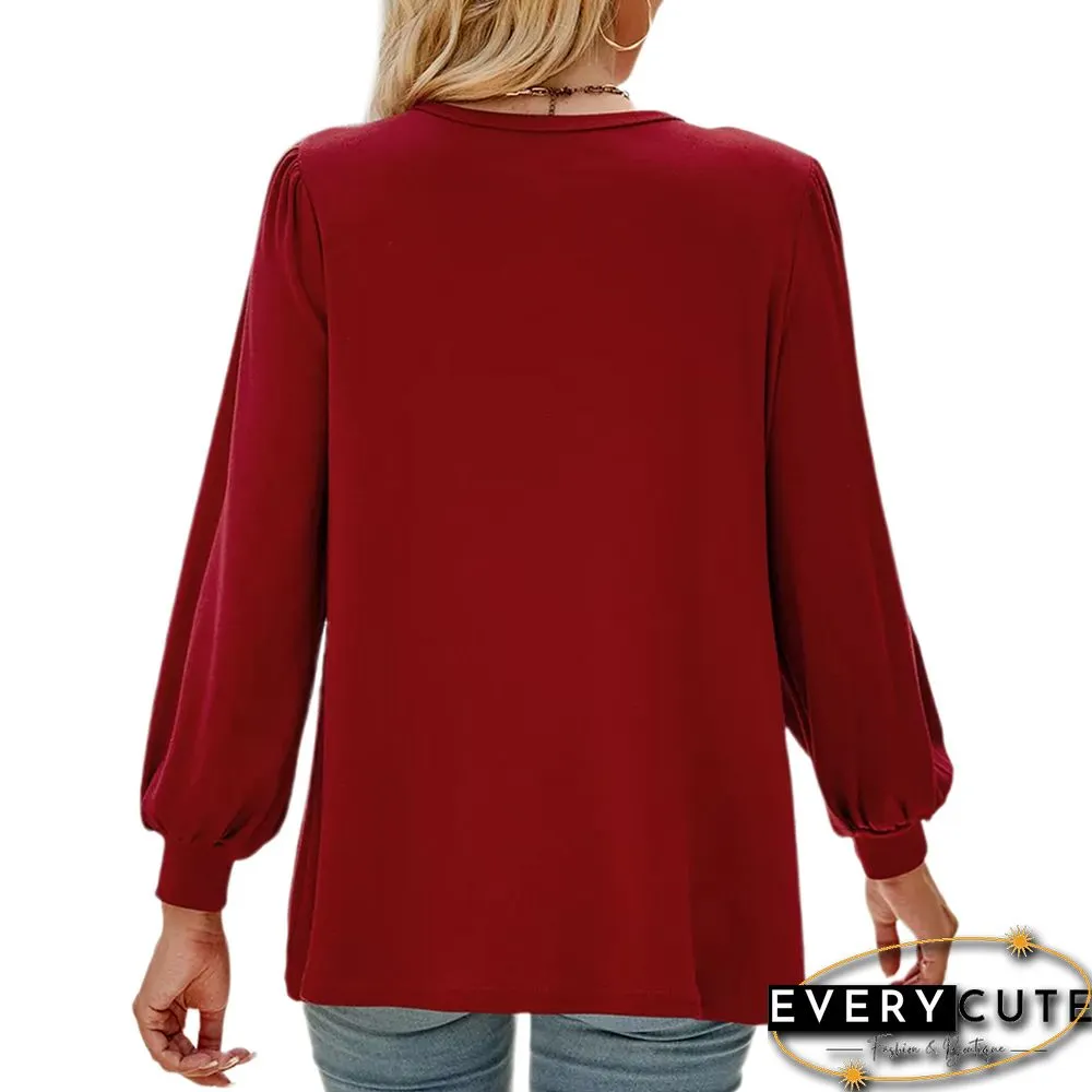 Red Crew Neck Pleated Puff Sleeve Tops