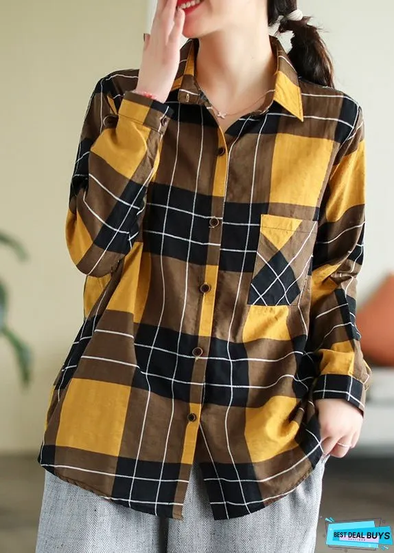 Vogue Yellow Peter Pan Collar Plaid Button Cotton Shirt Long Sleeve