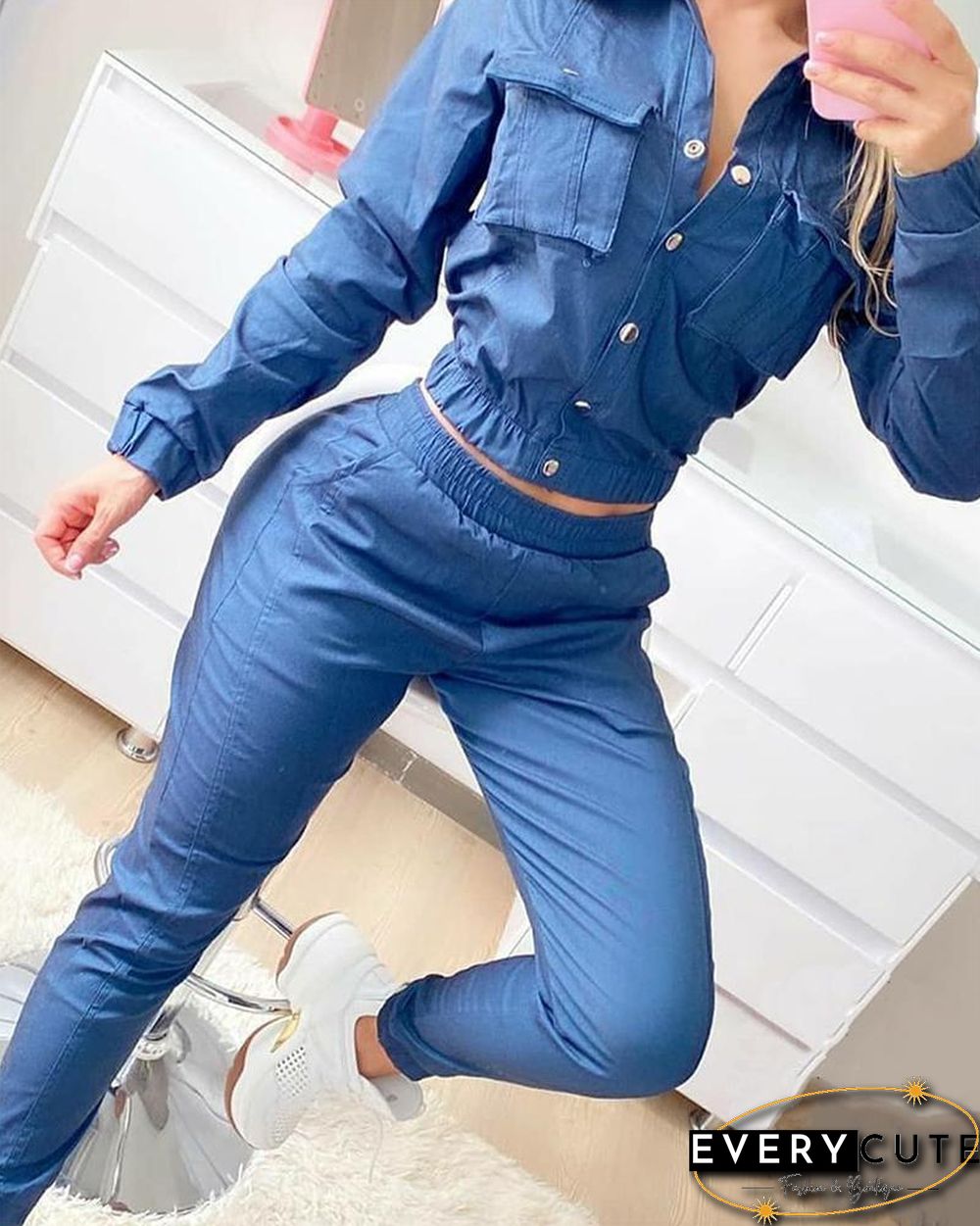 Solid Long Sleeve Fitting Denim Suit Sets P15183