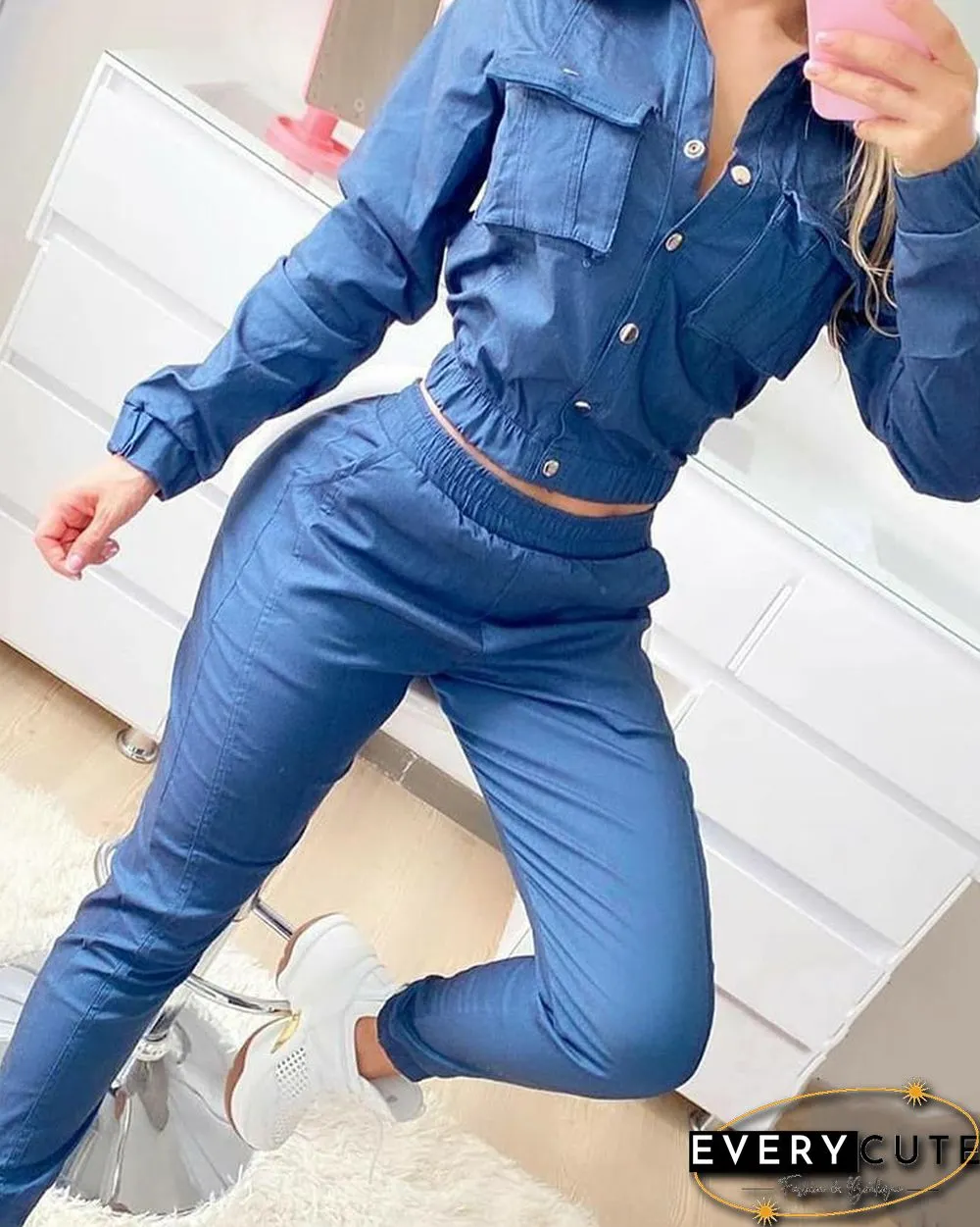 Solid Long Sleeve Fitting Denim Suit Sets P15183