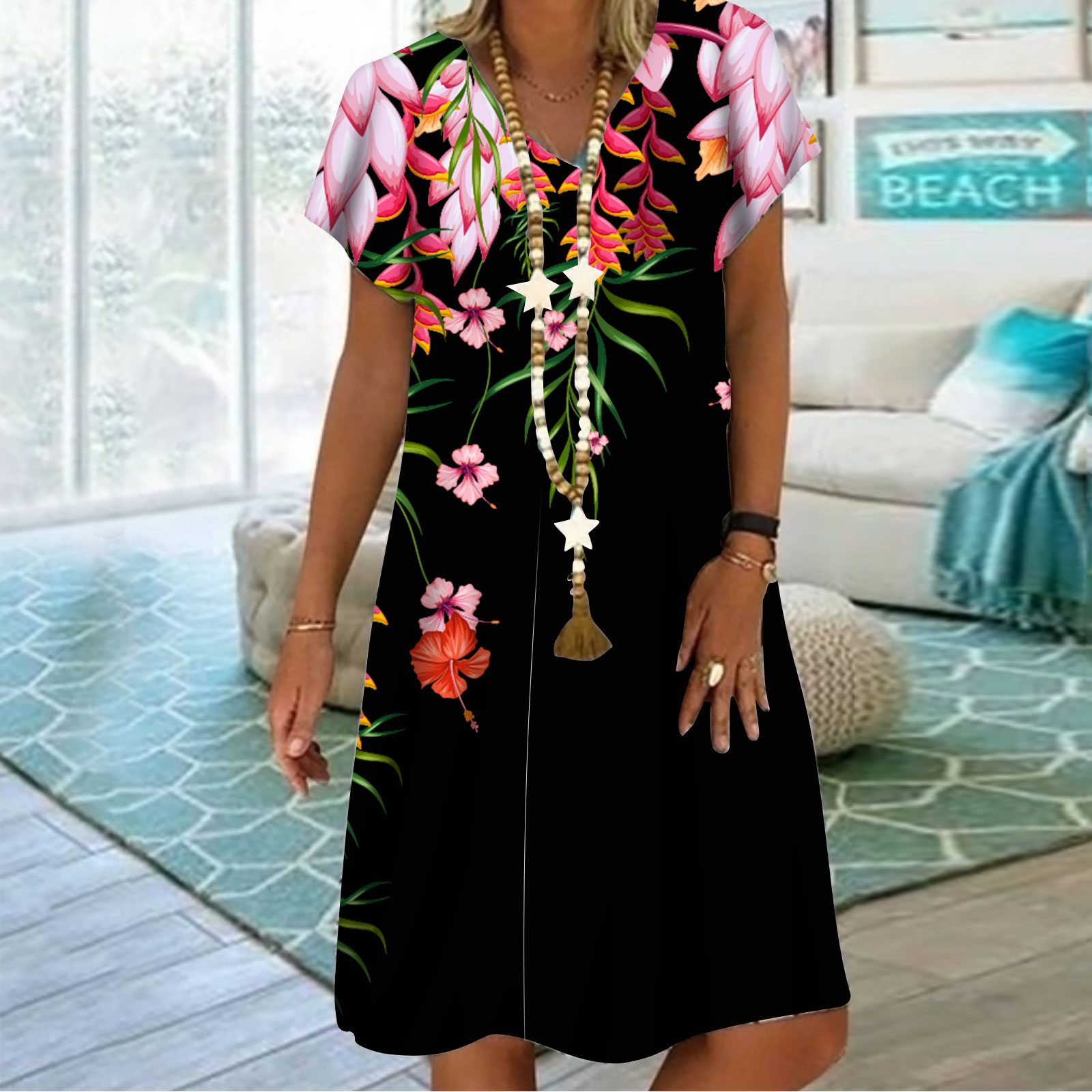Women's V-Neck Casual Short Fashion Sleeve Dress