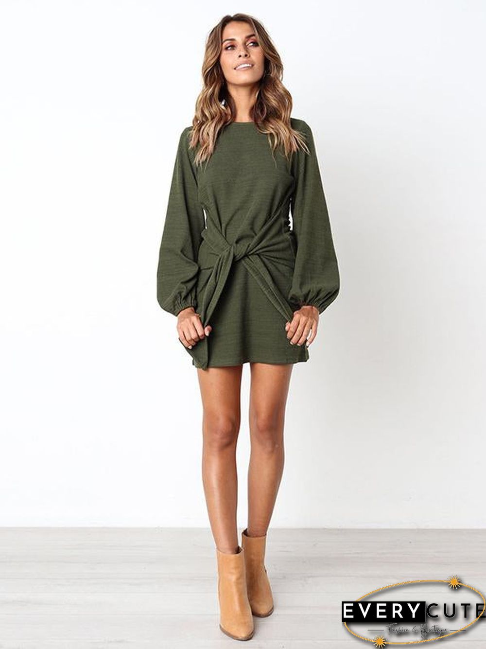 Long Sleeves Round Neck Waist Wrap Mini Dress