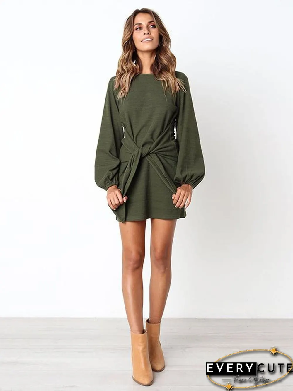 Long Sleeves Round Neck Waist Wrap Mini Dress
