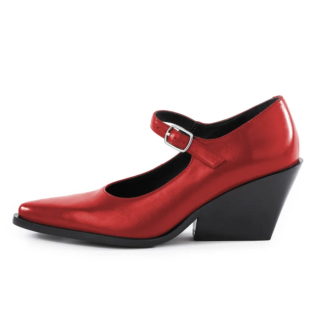 Red Vegan Leather Pointed Toe Chunky Heeled Mary Janes with Buckle