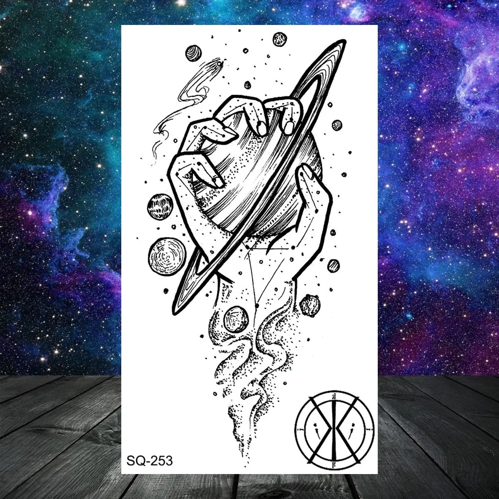 3D Universe Planet Temporary Tattoos For Women Adult Kids Girl Lotus Moon Outer Space Fake Tattoo Neck Arm Hands Small Tatoos