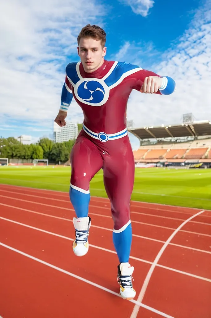 Men Latex Catsuits Male captain 999 Catsuit Superhero Japanese Element Style Creative Catsuit- Red & Blue cosplay