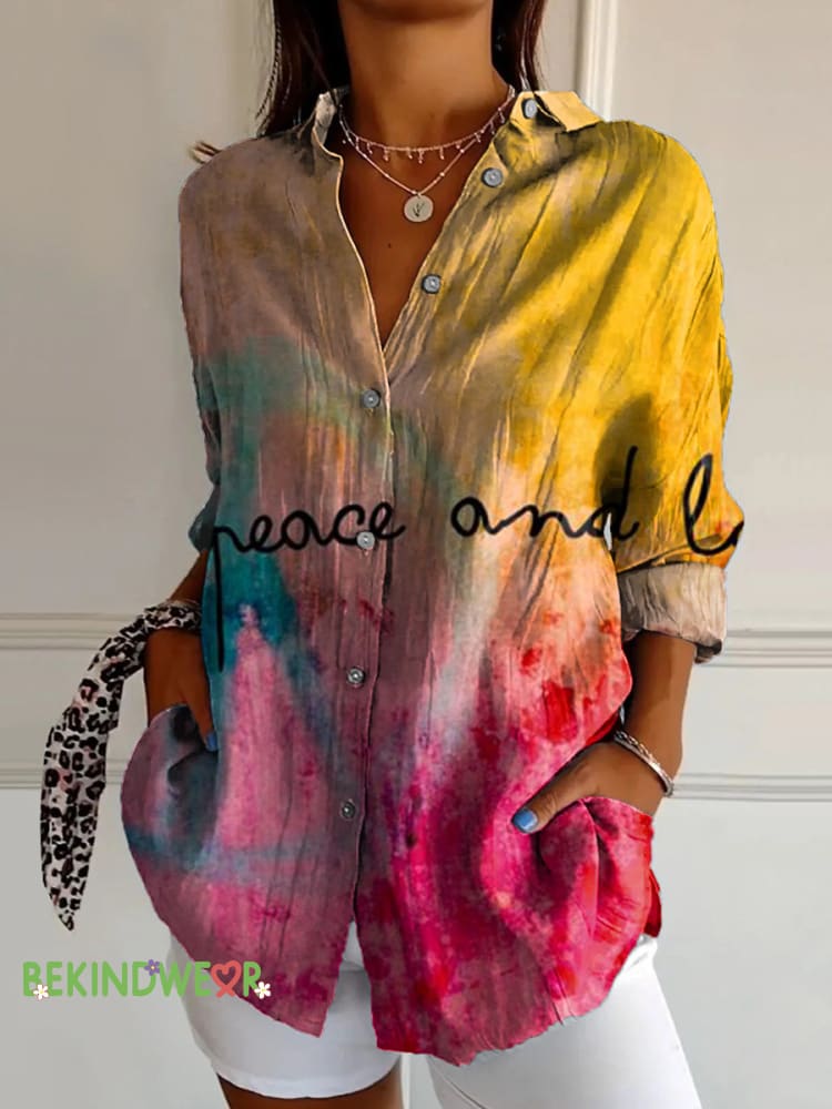 Peace and Love Gradient Print Casual Cotton Shirt Multicolor / S