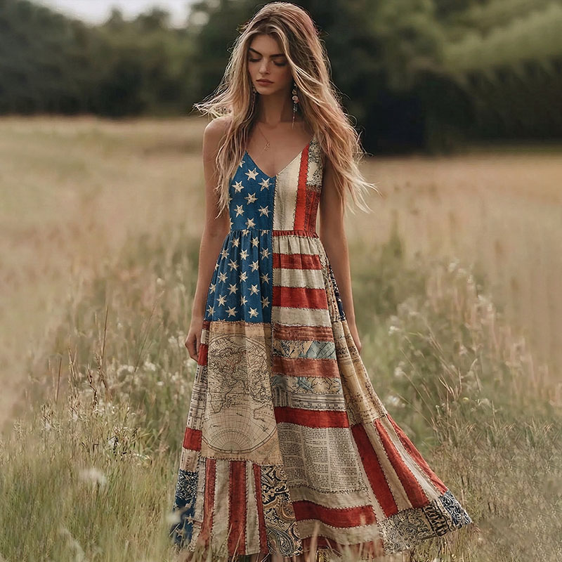 Comstylish Women's Retro Independence Day Flag Art Linen Dress