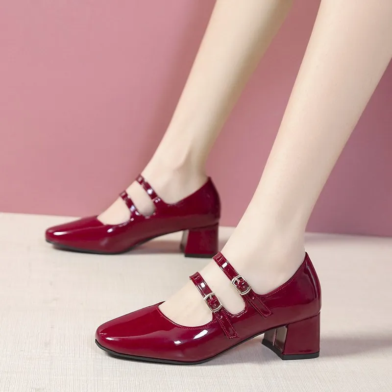 2021 Spring Autumn Women Double Buckle Mary Janes Shoes Patent Leather Dress Shoes High Heels Pumps Retro Ladies Shoe Black Red