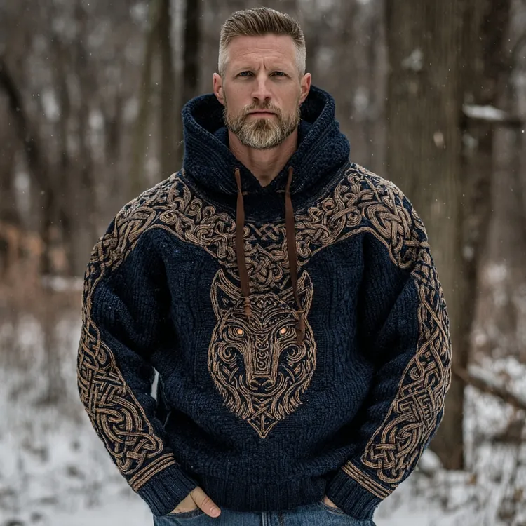 Men's Vintage Viking Wolf Celtic Knot Art Jacquard Chunky Knitted Cozy Hooded Sweater