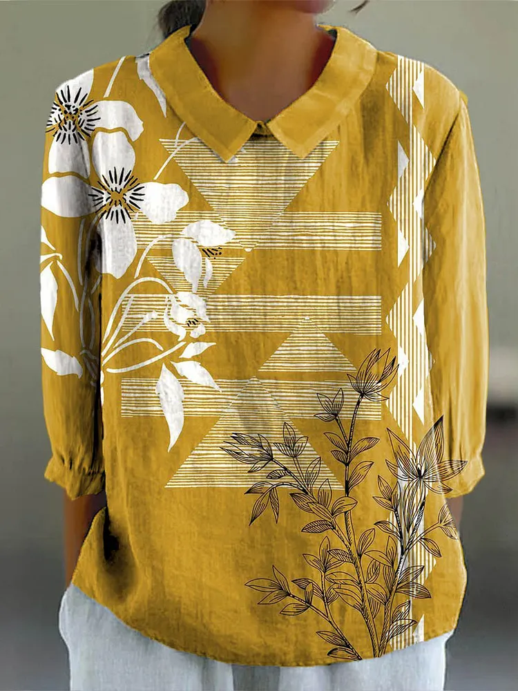 Women's Geometric Floral Pattern Art Print Casual Cotton And Linen 3/4 Sleeve Shirt