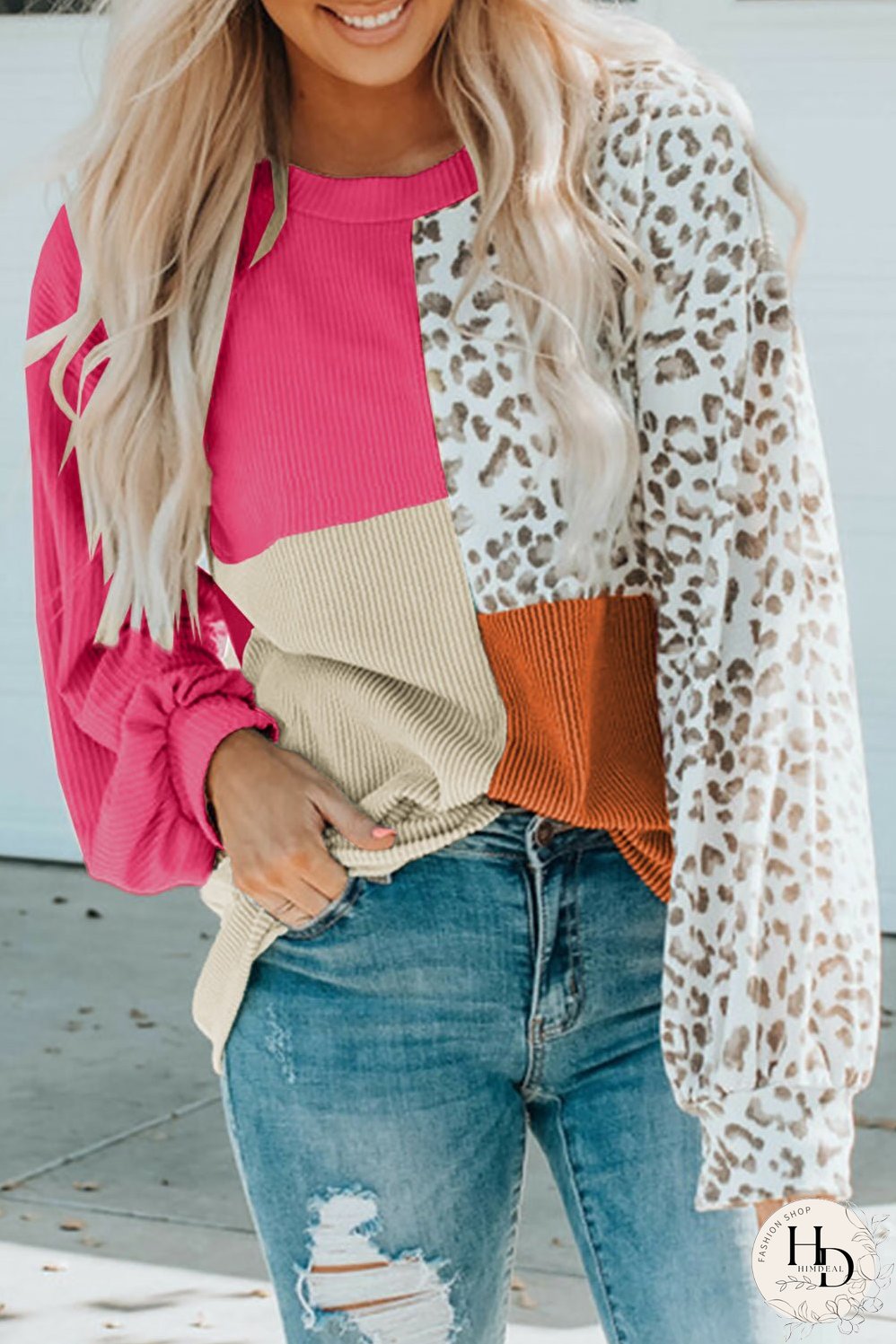 Pink Leopard Patchwork Color Block Ribbed Top