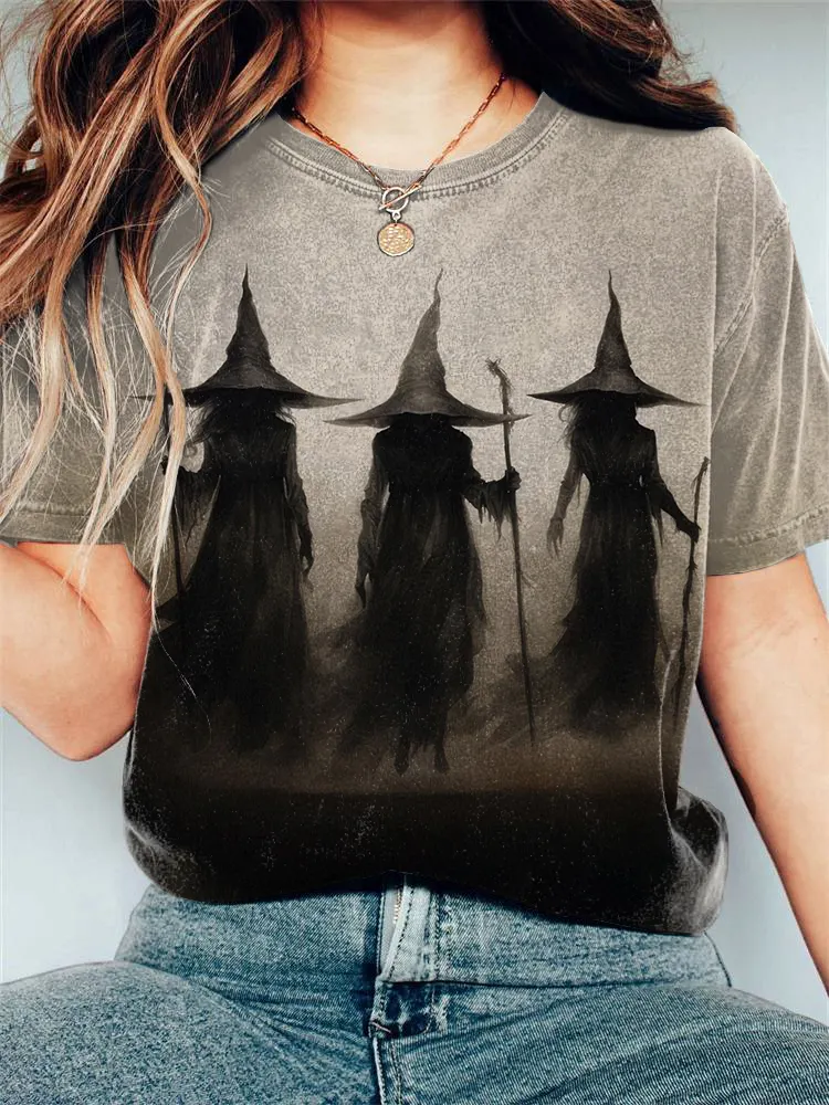 Women's Halloween Witch Art Print Vintage T-Shirt