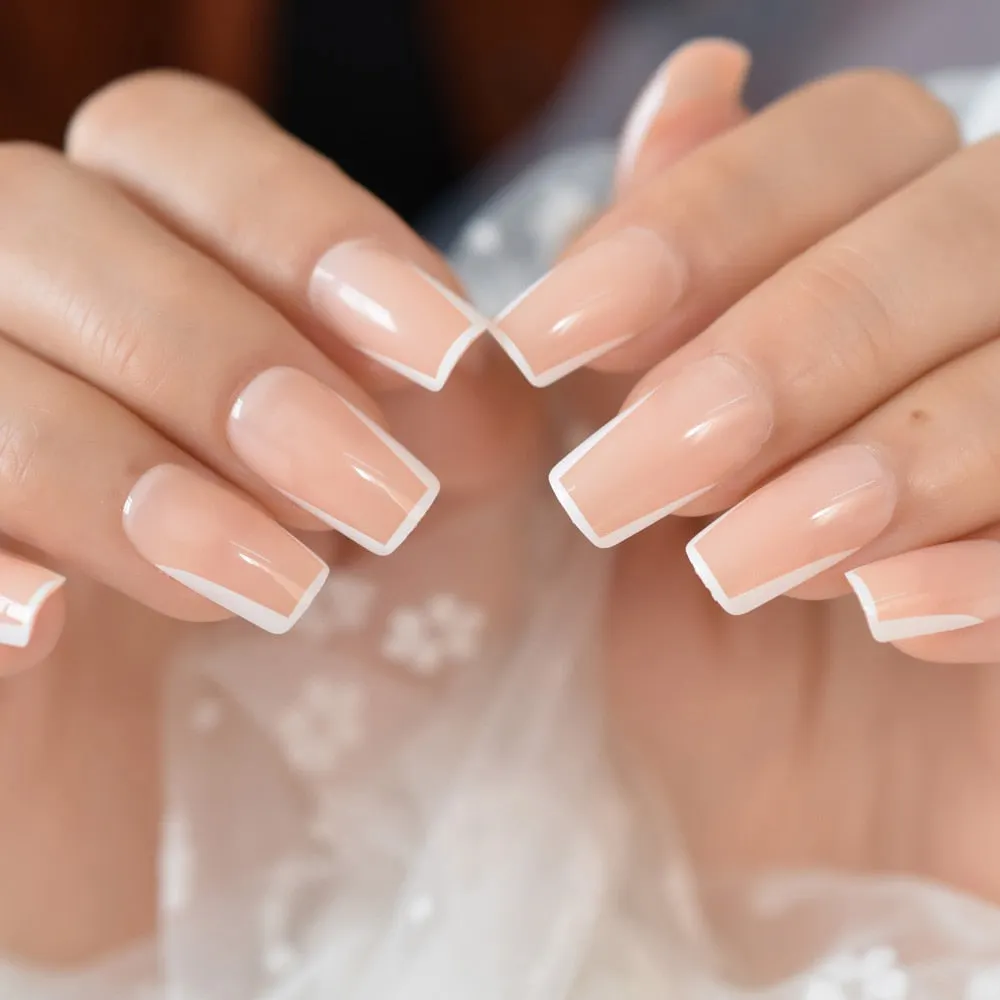 Pearl Shine Glossy Fake Nails Shimmer White Square Ombre French Nail Faux Ongles Gradient Medium Fingernails with Gluetabs-Nail Inspo