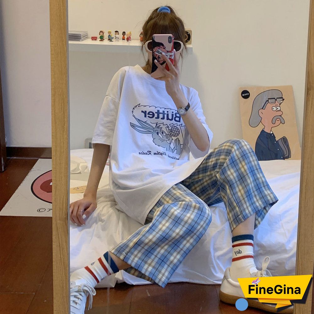 Women Sets Short Sleeve Printed Simple T-Shirts Plaid Straight Elastic Waist Pants Casual Loose Chic Korean Style Daily New 2Xl