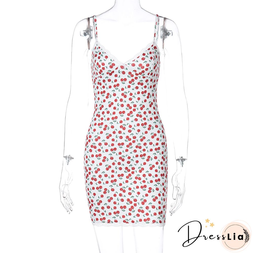 Lace Patchwork Cherry Print Women Strap Mini Dress Bodycon Sexy Streetwear Party Club Elegant Cute Summer Sweet