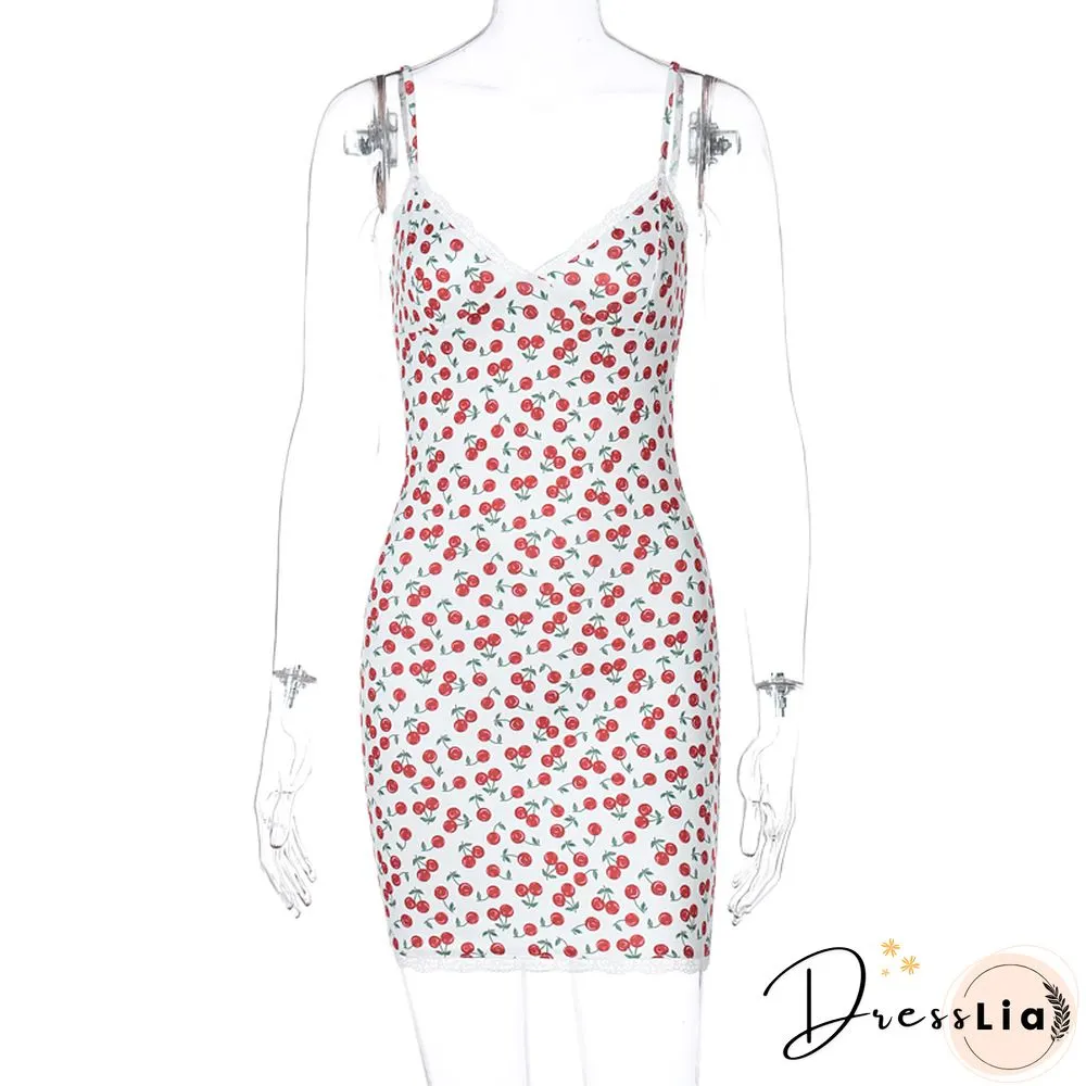 Lace Patchwork Cherry Print Women Strap Mini Dress Bodycon Sexy Streetwear Party Club Elegant Cute Summer Sweet