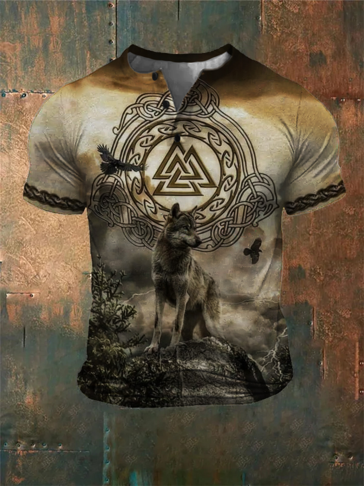 Men's Viking Wolf Celtic Hem Henley Shirt