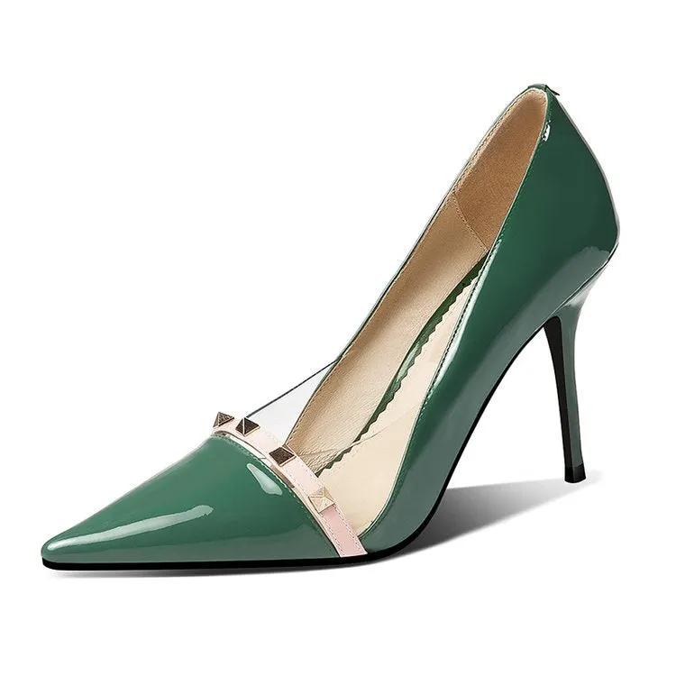 Patent Leather Sexy Heels Shoes Pointed Toe Rivet Super High Heels Green Pumps Women Dress Shoes Stilettos 2020 New Fashion
