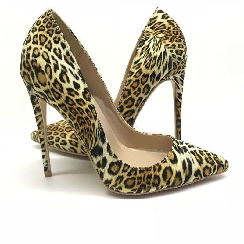 GOOSHOE Sandal Leopard Women Pumps 12cm High-heeled Shallow Shoes Pointed Toe Woman