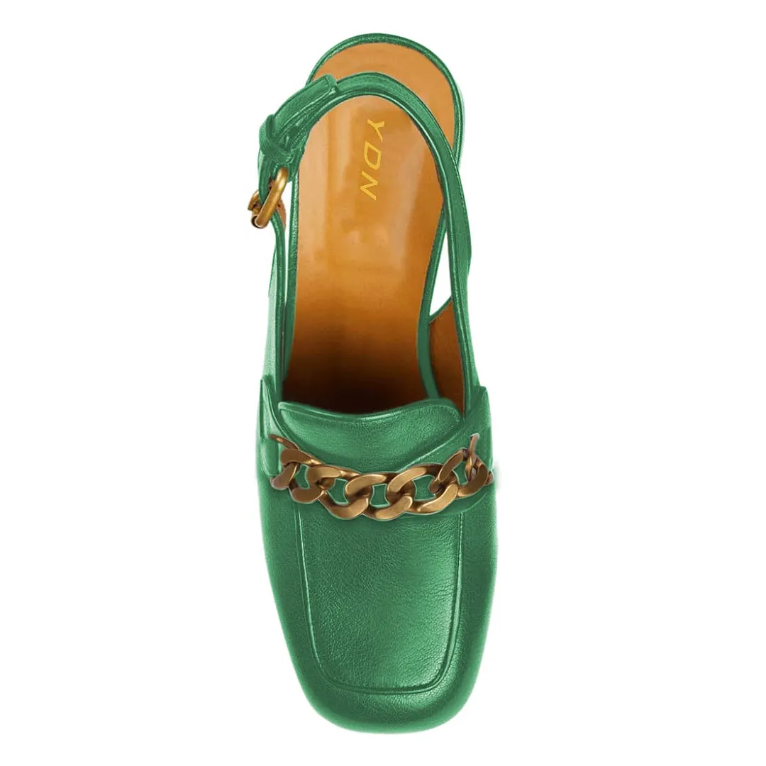 Green Vegan Leather Square Toe Chain Chunky Heel Platform Loafers