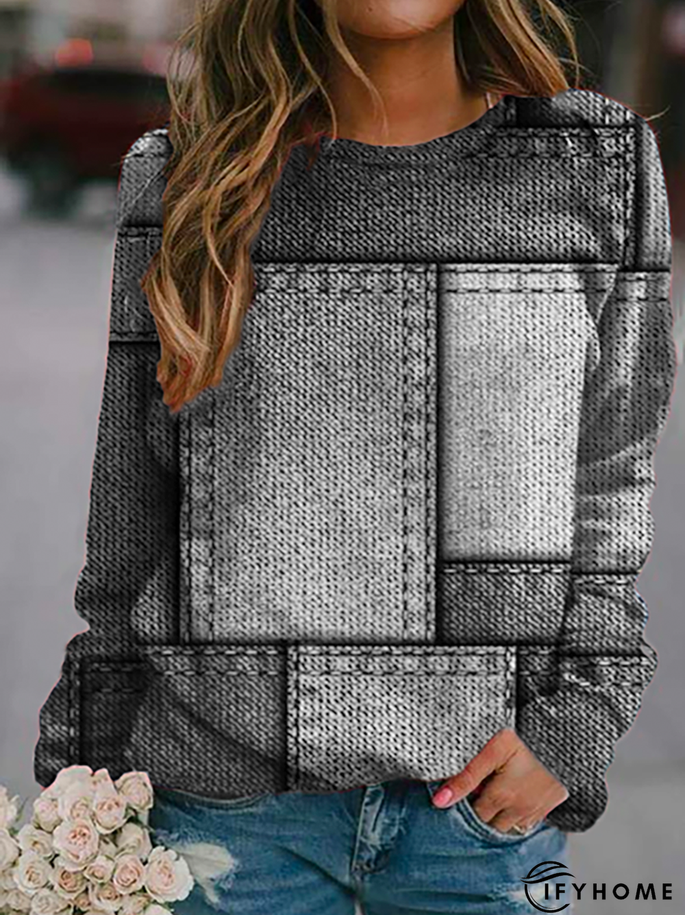 Women Color Block Casual Long sleeve Loose Crew Neck Sweatshirt | IFYHOME