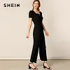 SHEIN Black Elegant Rib-Knit Square Neck Belted Palazzo Leg Solid Jumpsuit Women Spring Workwear Office Lady Wide Leg Jumpsuits