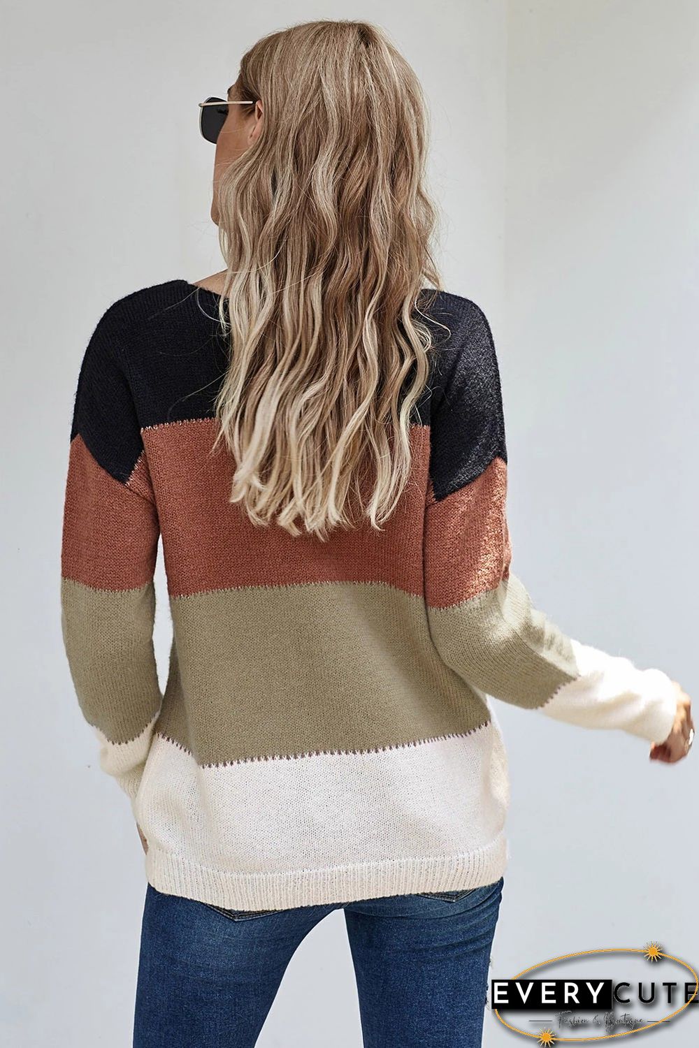 Multicolor V Neck Buttoned Closure Colorblock Sweater Cardigan