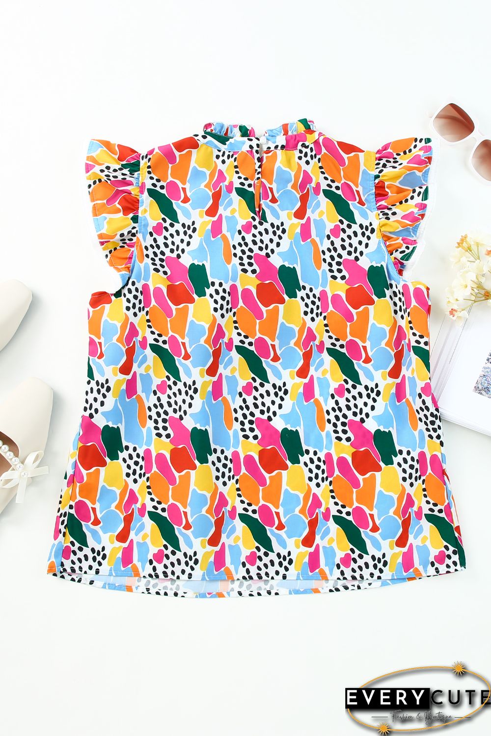 Multicolor Abstract Print High Neck Flutter Sleeves Top