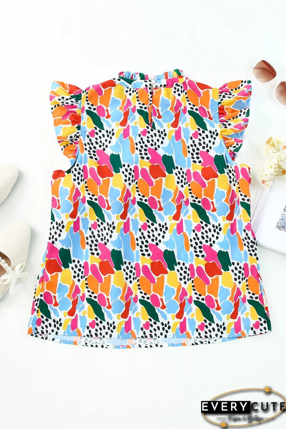 Multicolor Abstract Print High Neck Flutter Sleeves Top