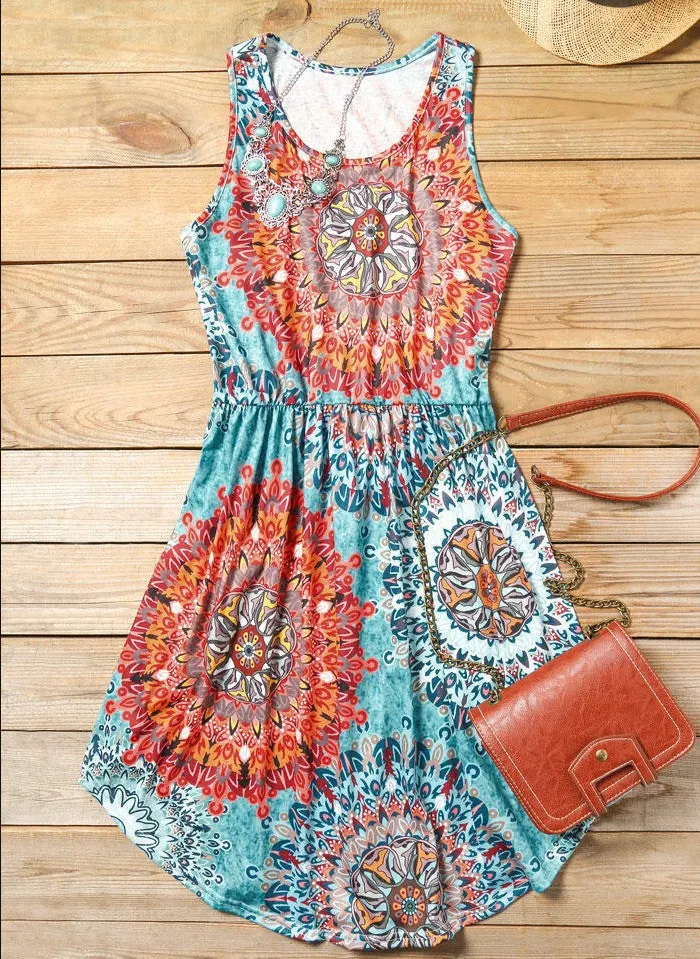 Floral Mandala Printed Sleeveless Mini Dress
