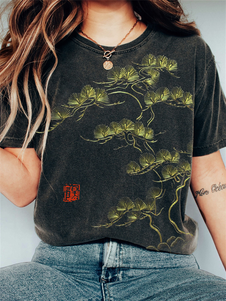 Pine Tree Japanese Embroidery Art Vintage T Shirt